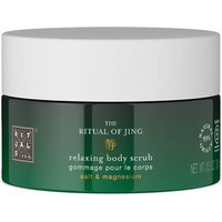 Green Rituals Jing Relaxing Body Scrub jar with white lid, 300g, featuring minimalist design and gold logo.