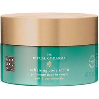 Rituals Karma Softening Body Scrub 300g, turquoise jar with gold lid, featuring white text and floral design.