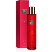 Red Rituals Ayurveda Hair & Body Mist bottle with gold cap, next to matching red box.
