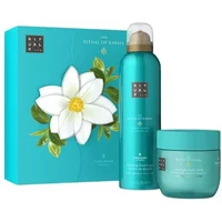 Teal Rituals gift set with foaming shower gel and overnight body mask, adorned with a white flower design.