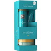 Teal Rituals Trial Karma Set with shower foam, body scrub, and body cream in a sleek, vertical box.