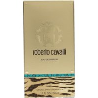 Gold Roberto Cavalli Eau de Parfum box with zebra print and turquoise accents, 50ml spray.