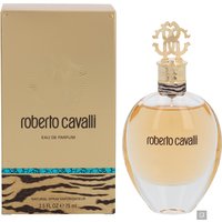 Roberto Cavalli Eau de Parfum 75ml with gold cap and tiger-striped box.