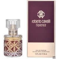 Roberto Cavalli Florence Eau de Parfum 30ml, ornate purple glass bottle with crystal-like cap, next to branded box.