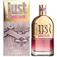 Gold and pink Roberto Cavalli Just Cavalli Eau De Toilette 90ml bottle with snake pattern box.