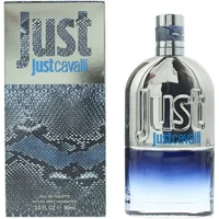 Silver and blue Roberto Cavalli Just Cavalli Man Eau De Toilette bottle with snake pattern box.
