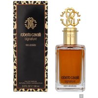 Roberto Cavalli Nero Assoluto Eau de Parfum 100ml, gold cap with ornate logo, amber liquid, leopard print box.