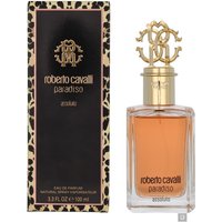 Roberto Cavalli Paradiso Assoluto perfume, gold cap with logo, transparent bottle, amber liquid, leopard print box.