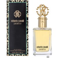 Roberto Cavalli Paradiso Eau de Parfum 100ml, gold cap, clear bottle, leopard print box.