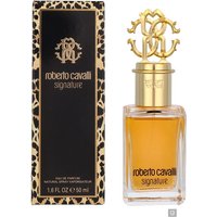 Roberto Cavalli Signature Eau de Parfum 50ml, gold cap with logo, amber liquid, leopard print box.
