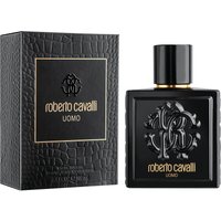 Black Roberto Cavalli Uomo Eau de Toilette 100ml bottle with embossed logo and matching textured box.