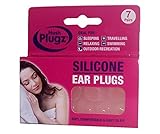 Hush Plugz silicone earplugs, pink packaging, 7 pairs, features sleeping woman, text "Silicone Ear Plugs" on front.