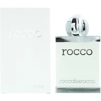 Rocco Barocco White For Men Eau De Toilette 100ml, clear rectangular bottle with silver cap, white box packaging.