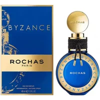 Rochas Byzance Eau De Parfum 40ml, blue round bottle with gold cap, black rope detail, and matching blue-gold box.