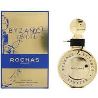 Gold Rochas Byzance Eau De Parfum 60ml bottle with round cap, blue accents, and matching gold box.