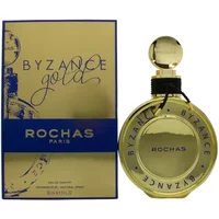 Rochas Byzance Gold Eau De Parfum 90ml, round gold bottle with black cap, blue and gold box.