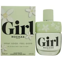 Rochas Girl Blooming Eau De Toilette 100ml, pale green bottle with floral design and matching box.