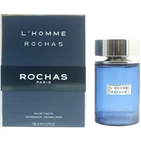 Blue Rochas L'Homme Eau De Toilette bottle with silver cap, next to matching blue box with white text.