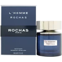 Rochas L'Homme Eau De Toilette 60ml, blue glass bottle with silver cap, next to matching blue box.