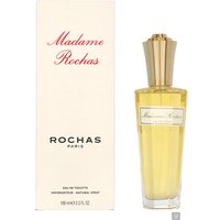 Gold-capped Rochas Madame Eau de Toilette Spray 100ml in a tall, clear bottle with a cream label and matching box.