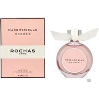 Rochas Mademoiselle Eau de Parfum 90ml, round pink bottle with white bow, matching pink box with black text.