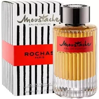 Rochas Moustache Eau De Parfum 125ml in ribbed glass bottle with black cap, red label, striped box in background.