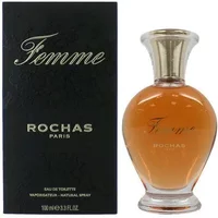 Rochas Paris Femme De Rochas Eau De Toilette 100ml, amber liquid in elegant clear bottle with gold cap, black box.