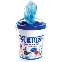 Rocol NSF Scrubs in a Bucket Hand Wipes, white tub with blue lid and blue wipe protruding.