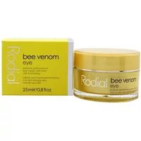 Rodial Bee Venom Eye Cream 25ml in yellow jar with matching box, featuring gold accents and black text.