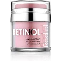 Pink Rodial Retinol Overnight Gel in a clear jar with silver lid, 50 ml, featuring "lift and illuminate" text.
