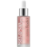 Rodial Soft Focus Glow Drops in frosted glass bottle with dropper, pink liquid, and bold white text.