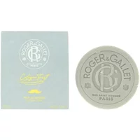 Roger & Gallet Cologne Twist Shaving Bar 100g, round with embossed logo, next to light blue box with gold lettering.