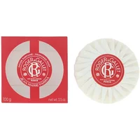 Roger & Gallet Jean Marie Farina soap, white with red label, next to matching red box with white circular design.