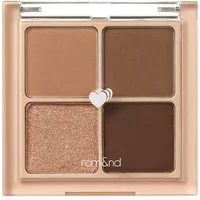 Rom&nd Better Than Eyes 03.Dry Ragras eyeshadow quad with matte browns and shimmery peach shade in square palette.