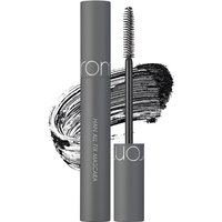 Gray rom&nd HAN ALL FIX MASCARA-L02 with sleek tube and fine-bristled wand, displayed with a black mascara stroke.