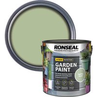Ronseal General Purpose Garden Paint, sage green, in a metal can with colorful garden imagery on the label.