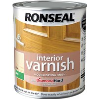 Ronseal Interior Matt Quick Dry Varnish can with wooden door image and Diamond Hard protection label.