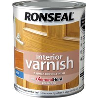 Ronseal Interior Satin Quick Dry Varnish can with wood door image and diamond hard protection label.