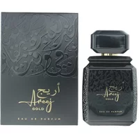 Black Rotana Aneej Gold Eau De Parfum 100ml bottle with gold lettering, next to matching black and gold box.