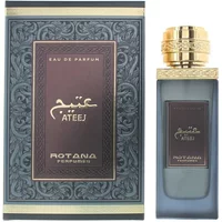 Rotana Ateej Eau De Parfum 100ml with ornate gold cap and dark embossed box featuring elegant script.