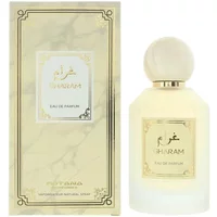 Cream-colored Rotana Gharam Eau De Parfum 100ml bottle with gold label and matching box with marble design.