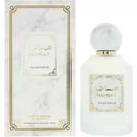 Rotana Hamsat Eau De Parfum 100ml with white marble-like bottle and box, gold accents, and round cap.