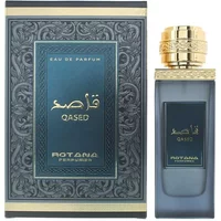 Rotana Qased Eau De Parfum 100ml, ornate blue box, gold accents, matching elegant bottle with gold cap.