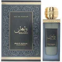 Rotana Walhan Eau De Parfum 100ml with ornate gold cap and elegant dark blue bottle, matching decorative box.
