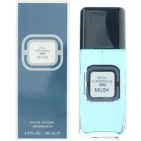 Royal Copenhagen Musk Eau De Cologne 100ml, blue liquid in clear bottle with black cap, matching blue box.