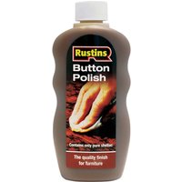 Brown Rustins Button Polish bottle with white cap and label showing hand polishing wood.
