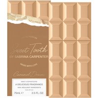 Caramel-colored perfume box resembling a chocolate bar, labeled "Sabrina Carpenter Caramel Dream Eau De Parfum 75ml"