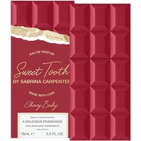 Red Sabrina Carpenter Cherry Baby Eau de Parfum box with gold accents and embossed chocolate bar design.