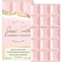 Pink chocolate bar-shaped perfume bottle, "Sabrina Carpenter Sweet Tooth Eau De Parfum 30ml" with gold accents.