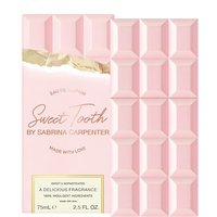 Pink chocolate bar-shaped perfume bottle, "Sabrina Carpenter Sweet Tooth Eau De Parfum 75ml" packaging.